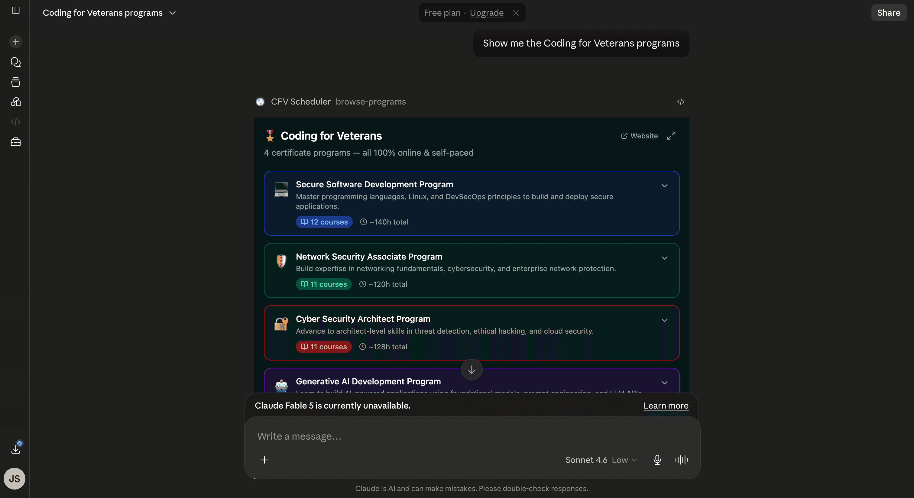 CFV Scheduler running inside Claude — the browse-programs view showing all four certificate programs